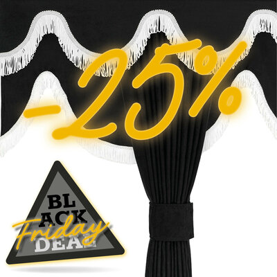 ENSEMBLE DE BASE RIDEAU LAT&Eacute;RAL, RUBAN POUR FEN&Ecirc;TRE AVANT ET RIDEAU &Agrave; 3 BURVE - FRANGES NOIRES ET BLANCHES